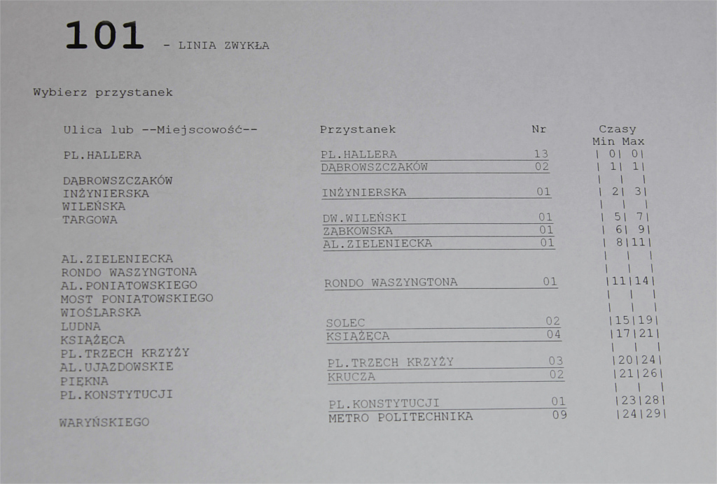 101
Kiedy 101 jeĹşdziĹo jeszcze na starej trasie. RozkĹad wydrukowany 22 czerwca 2008r. po reformie na Nowodworach.
