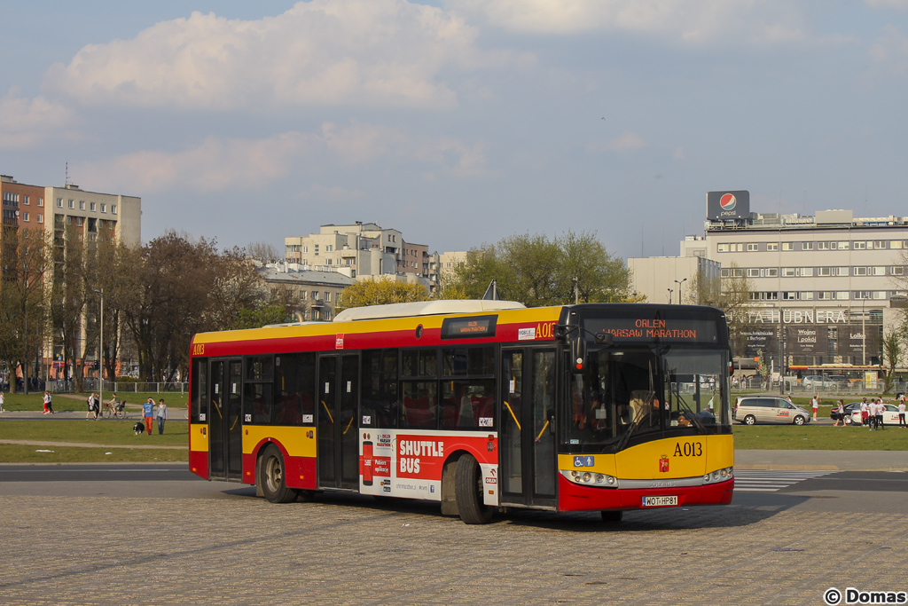 A013
Dzisiaj, w zwiÄzku z Orlen Warsaw Marathonem, uruchomiona zostaĹa specjalna linia kursujÄca z widocznego miejsca do przystanku RKS OrzeĹ, ktĂłra miaĹa za zadanie przewiezienie uczestnikĂłw maratonu spoza Warszawy do miejsca, gdzie nocowali. Linia kursowaĹa od 13:30 do pĂłĹnocy co 30 minut. ObsĹugÄ zapewniĹy dwa Solarisy z Mobilisu - A010 i A013. Jutro linia bÄdzie kursowaĹa od godziny 6:30 do 8:30 przywoĹźÄc uczestnikĂłw z noclegowni na miejsce startu pod Stadionem Narodowym.
Słowa kluczowe: MOBSU12_2