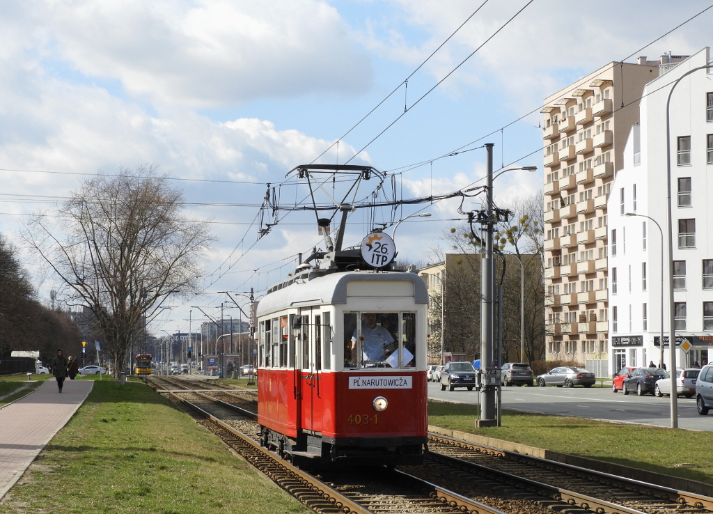 403-1
W dniach 12-13.03.2019 w godz. ok. 10-14 kursuje specjalna linia "26 ITP" uruchomiona z okazji odbywajÄcych siÄ na Politechnice Warszawskiej 26. InĹźynierskich TargĂłw Pracy. Jest obsĹugiwana wagonem K nr 403-1, a trasa jest nastÄpujÄca: PLAC NARUTOWICZA - Filtrowa - Nowowiejska - PuĹawska - Woronicza - WoĹoska - Marynarska - PKP SĹUĹťEWIEC.
