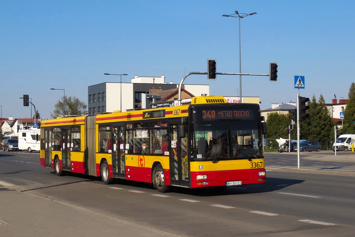 3367
MAN jedzie jako kurs linii numer 340 â Marki Pustelnik (16:29)-Warszawa Metro Trocka (16:50). 
