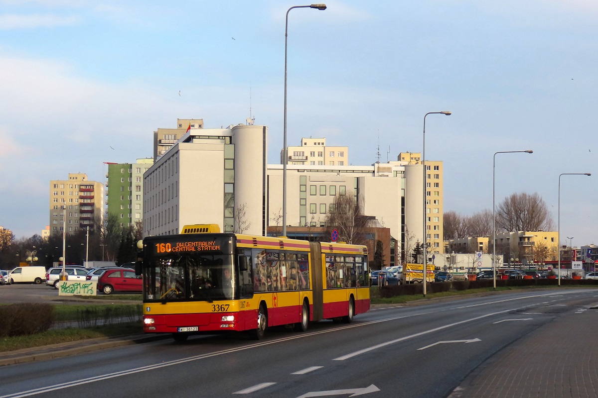 3367
MAN jedzie jako kurs linii numer 160 â Grodzisk (9:15)-Dw. Centralny (10:07). 
