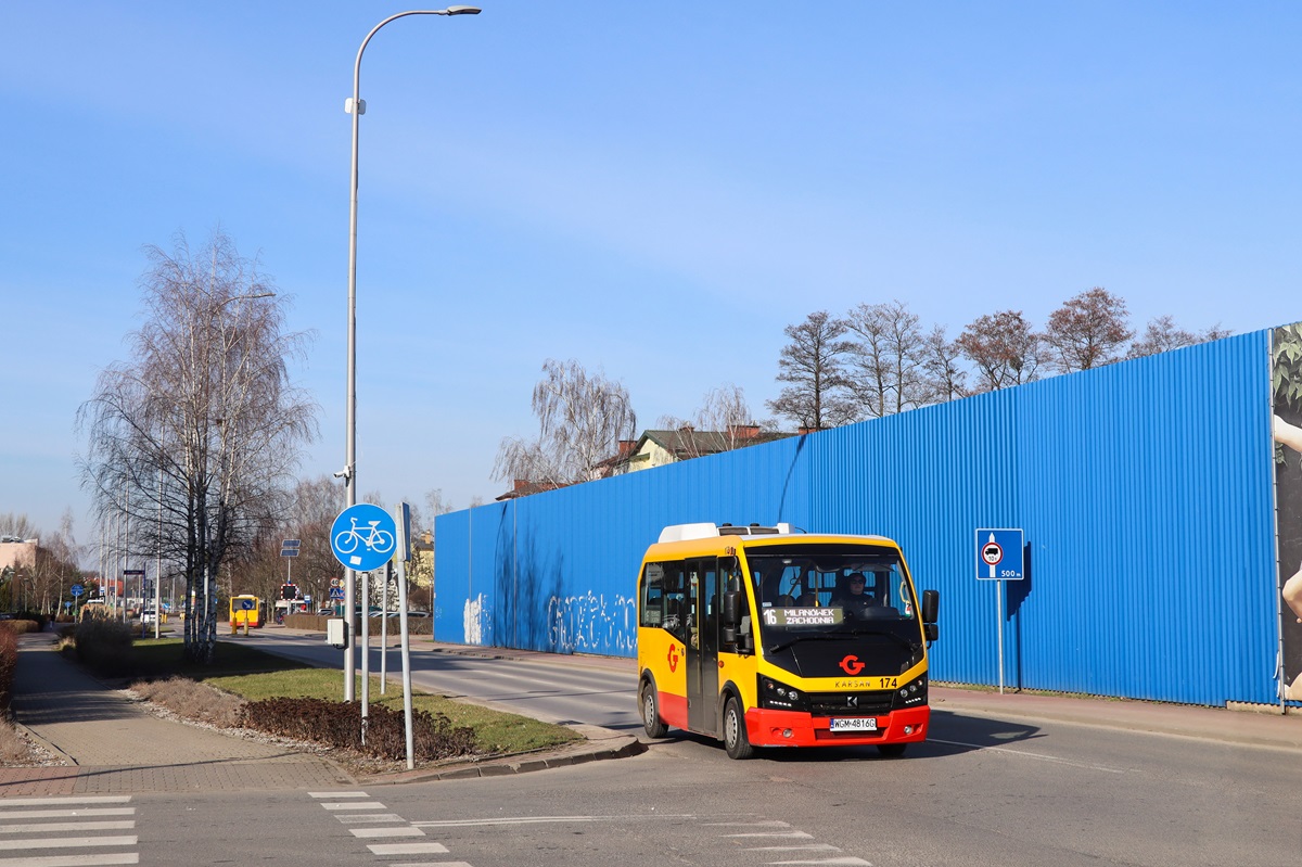 174 (22060)
Karsan jedzie jako kurs linii numer 16: Grodzisk Maz. Szpital (12:20)-MilanĂłwek Zachodnia (13:09). 
