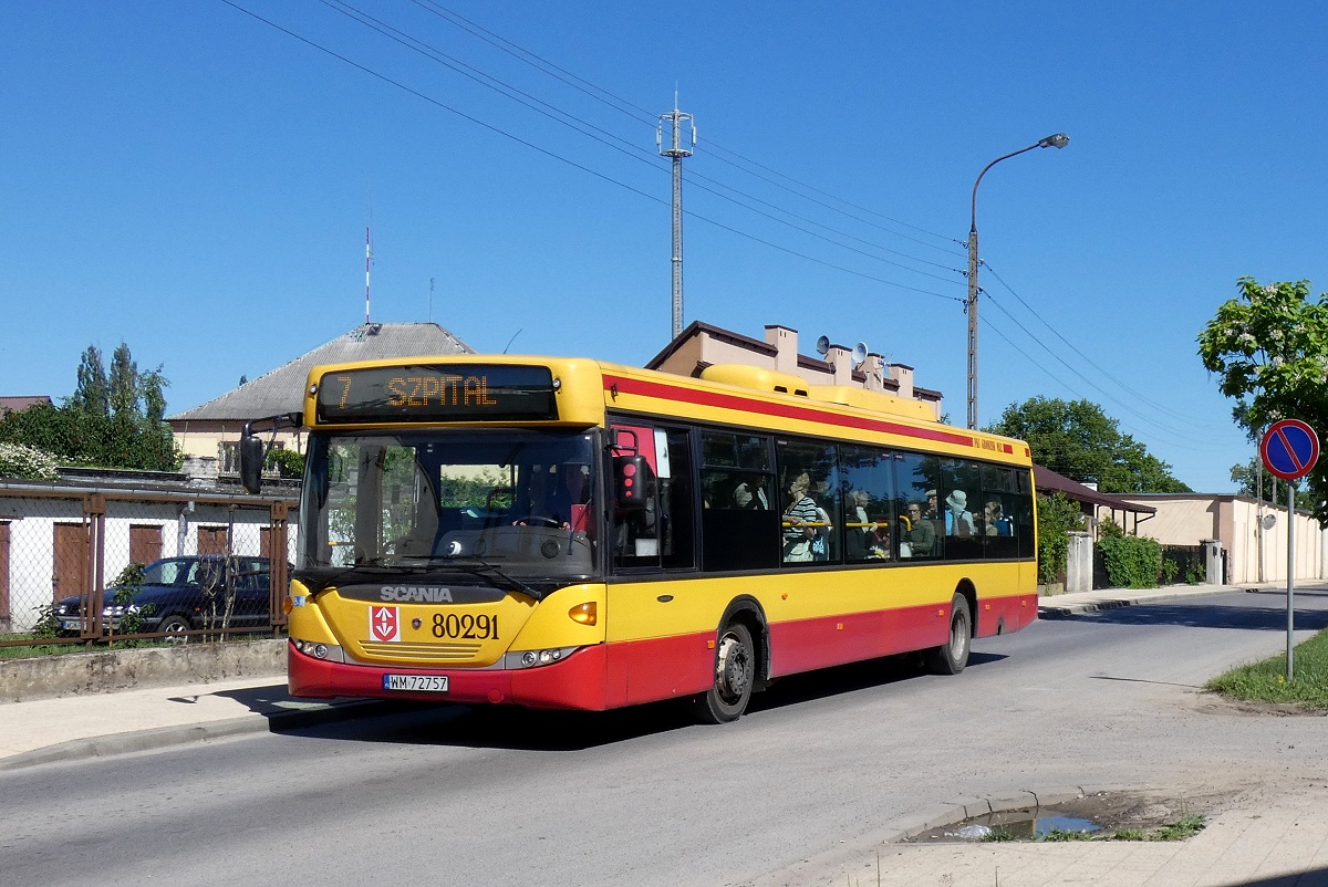 80291 
Scania (ex. A591) jedzie w obsĹudze kursu "4" linii numer 7 w relacji Grodzisk Maz. Szpital (9:00)-Grodzisk Maz. Szpital (9:38) p. Grodzisk Maz. Os. Teligi (9:19). 
